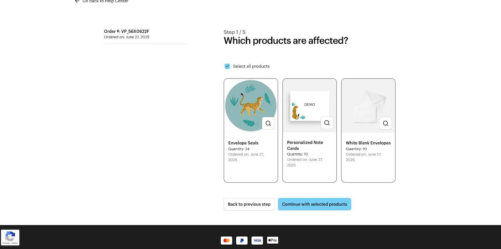 A screen with the question ‘Which products are affected’ and the option to select affected products
